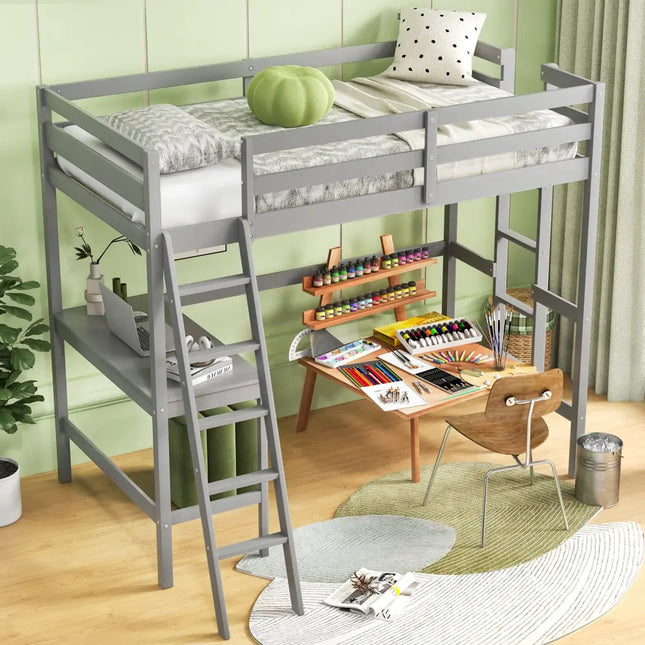 Twin Size Loft Bed Frame with Desk Angled and Built-in Ladder-Gray - Gray - Bunk Bed Frame