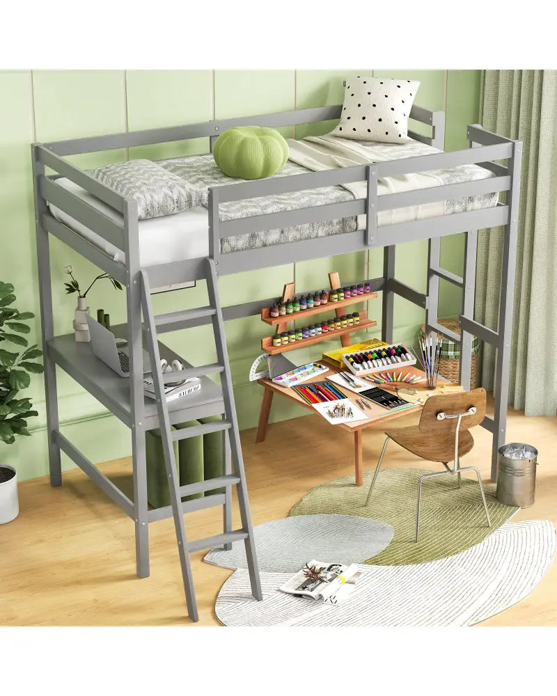 Twin Size Loft Bed Frame with Desk Angled and Built-in Ladder-Gray - Gray - Bunk Bed Frame