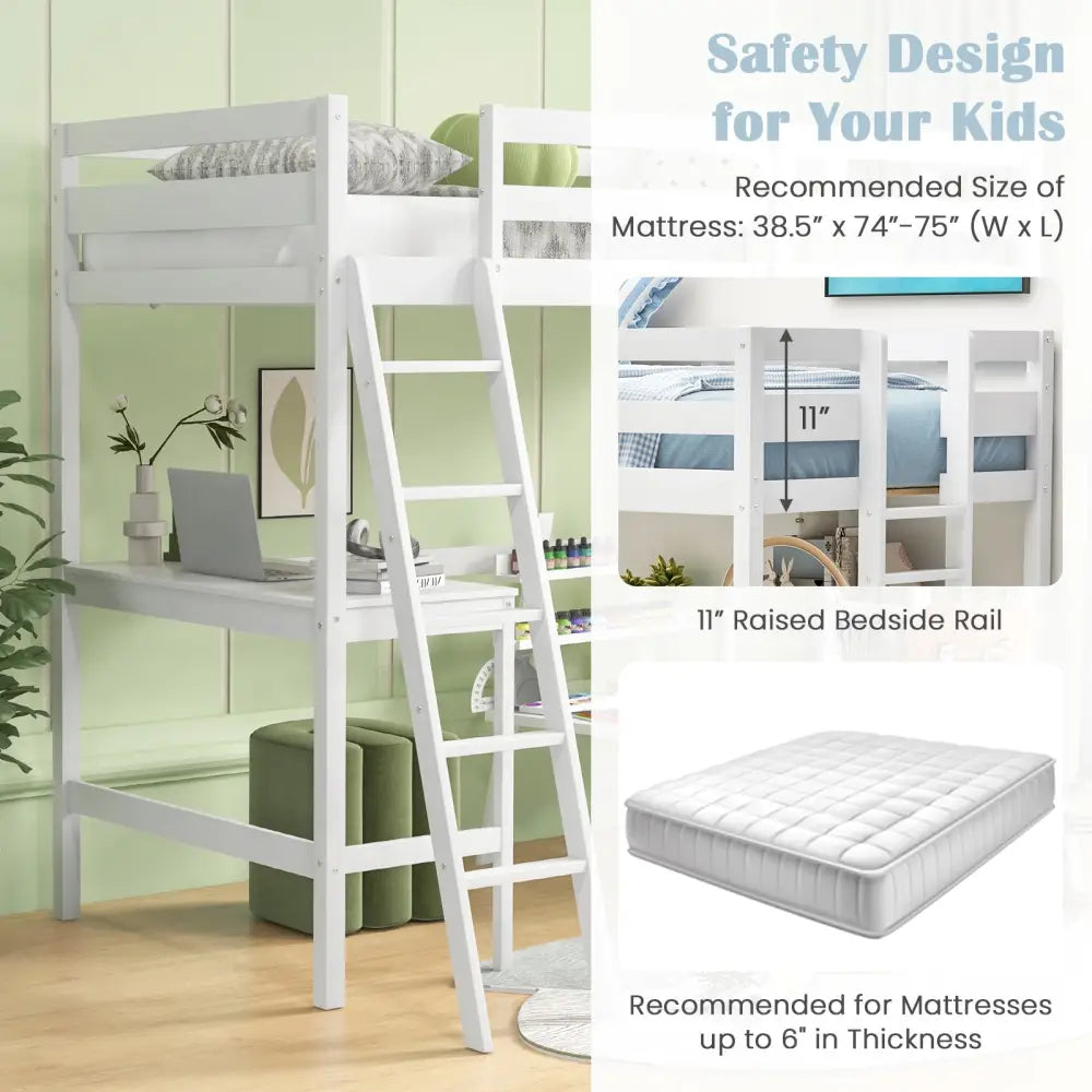 Twin Size Loft Bed Frame with Desk Angled and Built-in Ladder-White - White - Bunk Bed Frame