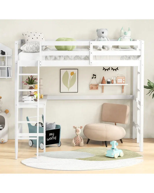 Twin Size Loft Bed Frame with Desk Angled and Built-in Ladder-White - White - Bunk Bed Frame