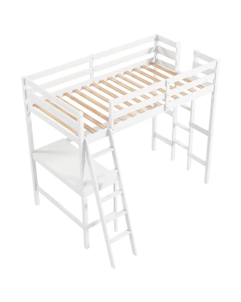 Twin Size Loft Bed Frame with Desk Angled and Built-in Ladder-White - White - Bunk Bed Frame