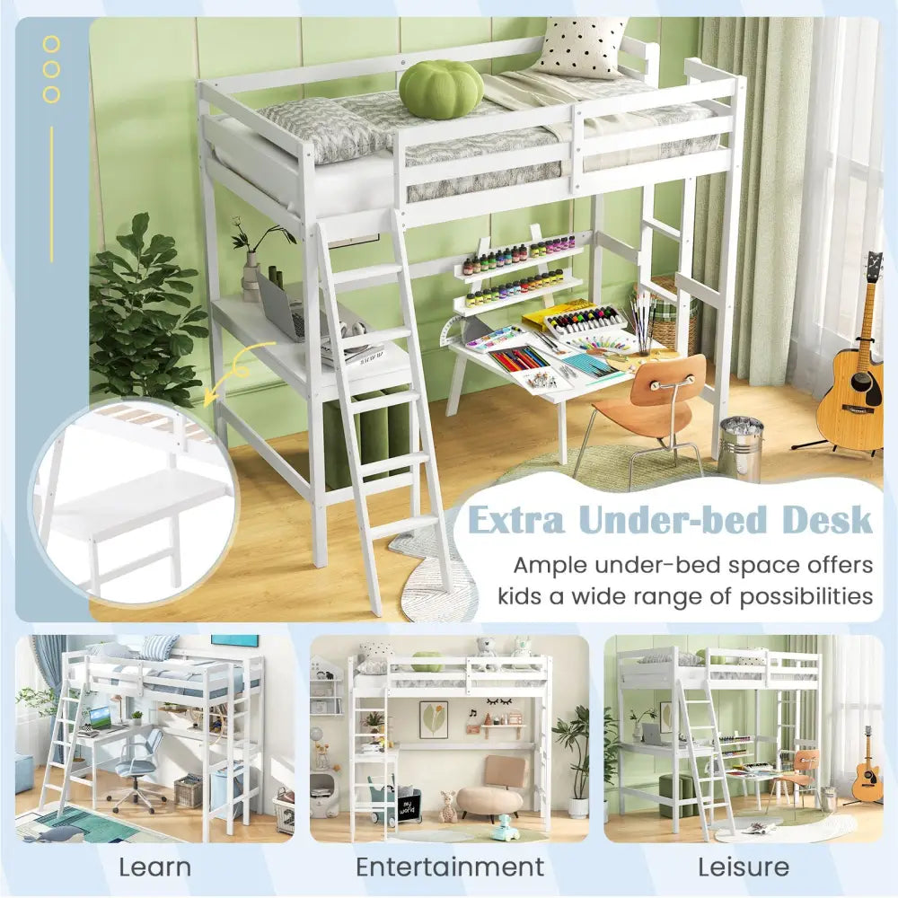 Twin Size Loft Bed Frame with Desk Angled and Built-in Ladder-White - White - Bunk Bed Frame