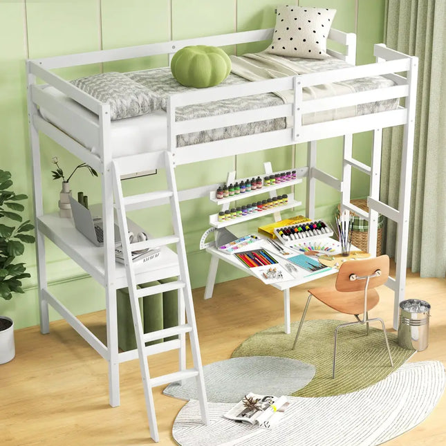 Twin Size Loft Bed Frame with Desk Angled and Built-in Ladder-White - White - Bunk Bed Frame
