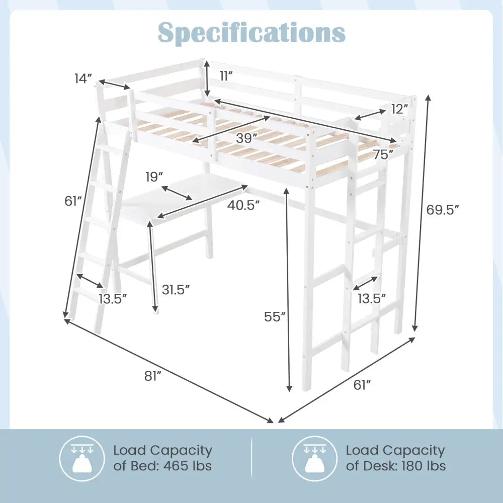 Twin Size Loft Bed Frame with Desk Angled and Built-in Ladder-White - White - Bunk Bed Frame