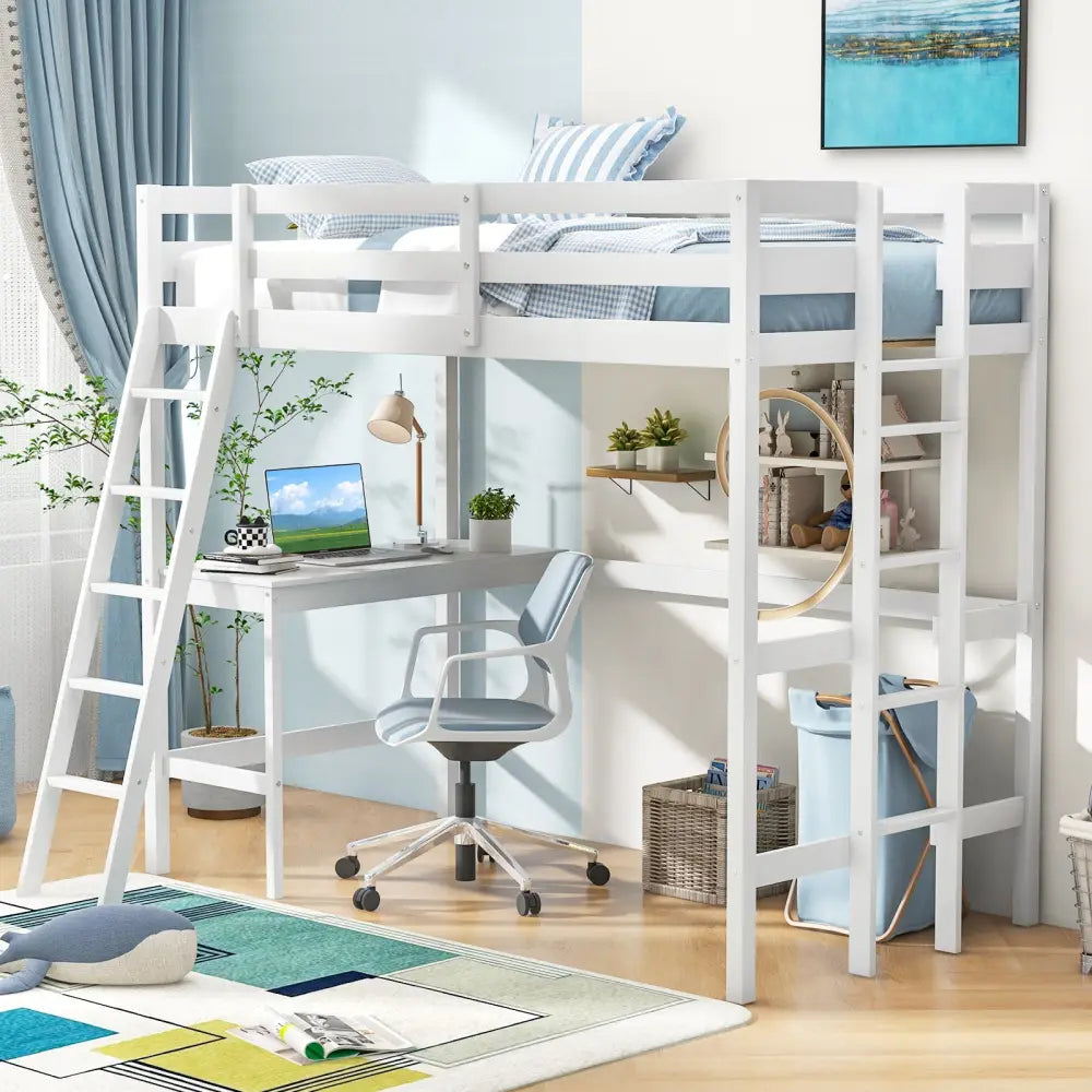 Twin Size Loft Bed Frame with Desk Angled and Built-in Ladder-White - White - Bunk Bed Frame