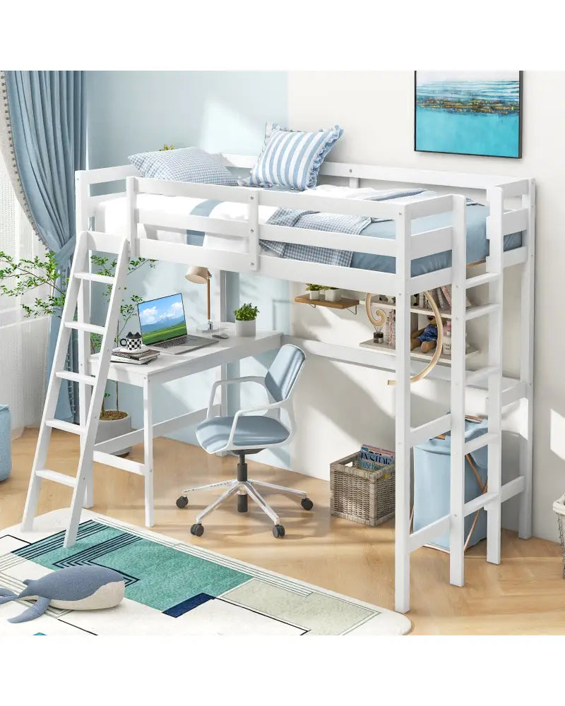 Twin Size Loft Bed Frame with Desk Angled and Built-in Ladder-White - White - Bunk Bed Frame