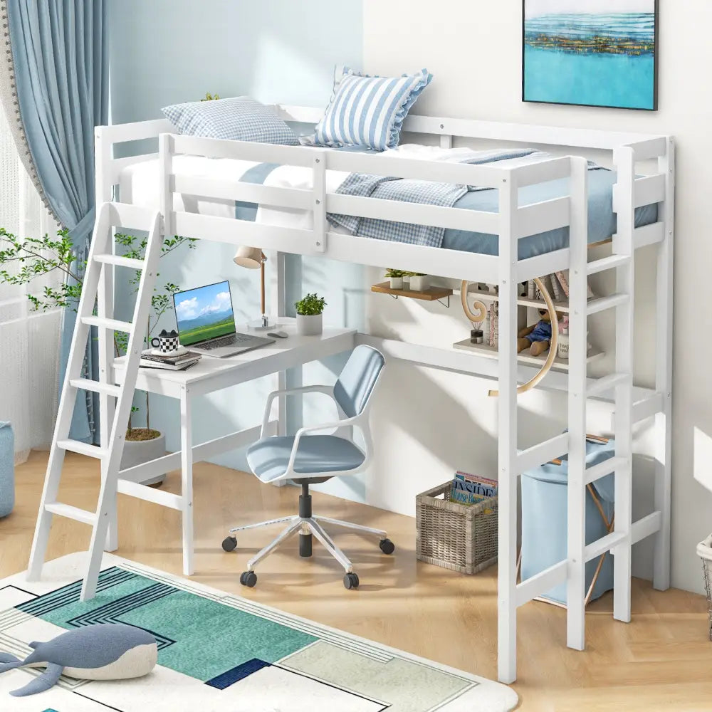 Twin Size Loft Bed Frame with Desk Angled and Built-in Ladder-White - White - Bunk Bed Frame