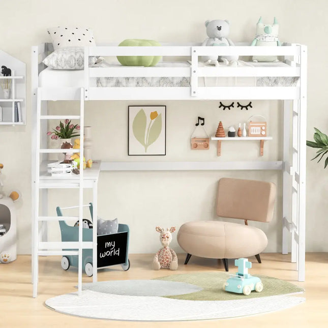 Twin Size Loft Bed Frame with Desk Angled and Built-in Ladder-White - White - Bunk Bed Frame