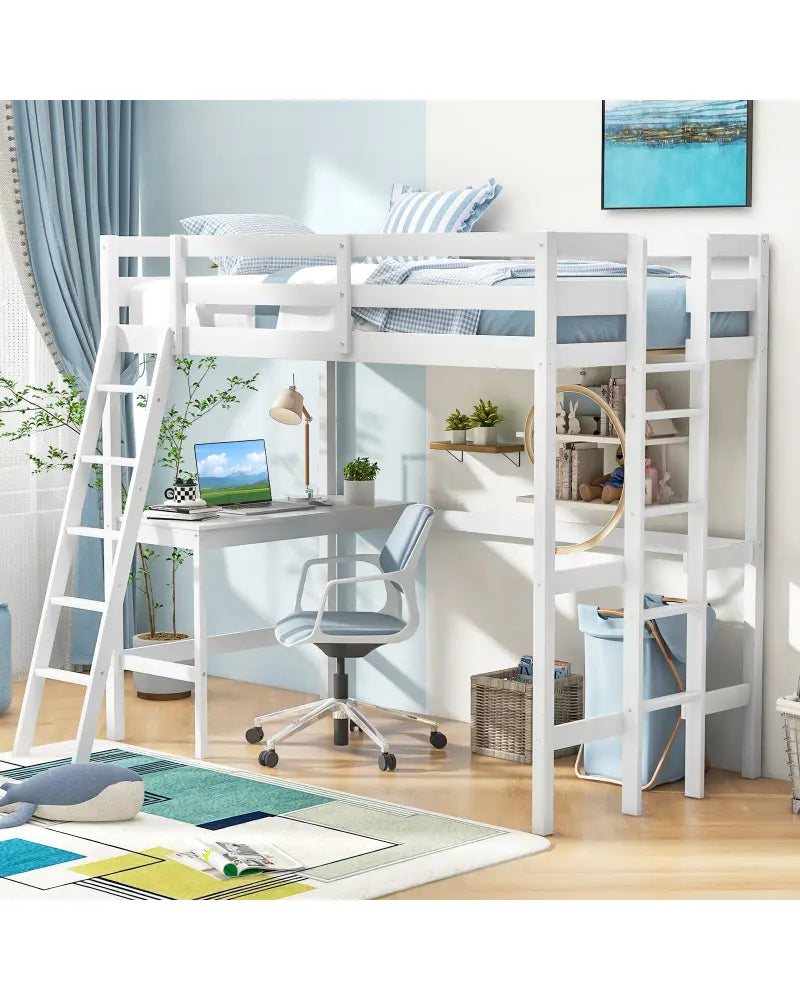 Twin Size Loft Bed Frame with Desk Angled and Built-in Ladder-White - White - Bunk Bed Frame