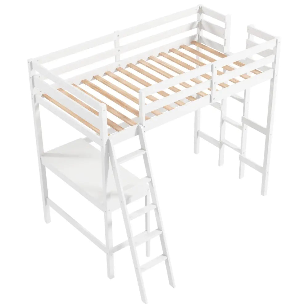 Twin Size Loft Bed Frame with Desk Angled and Built-in Ladder-White - White - Bunk Bed Frame