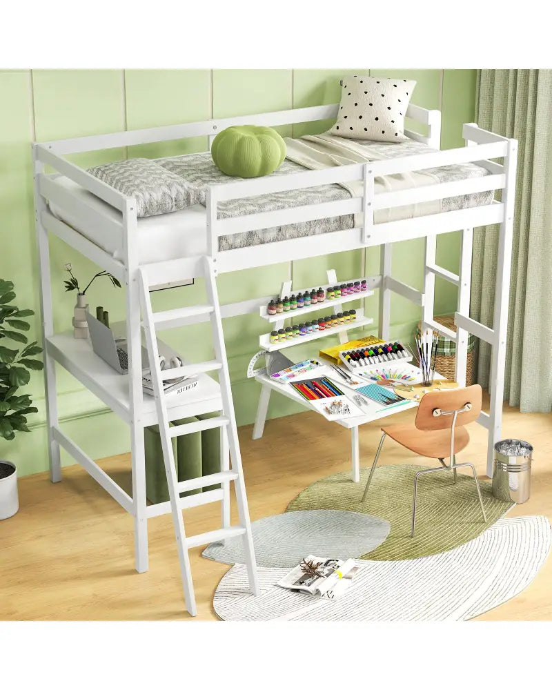Twin Size Loft Bed Frame with Desk Angled and Built-in Ladder-White - White - Bunk Bed Frame