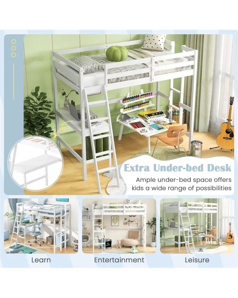 Twin Size Loft Bed Frame with Desk Angled and Built-in Ladder-White - White - Bunk Bed Frame