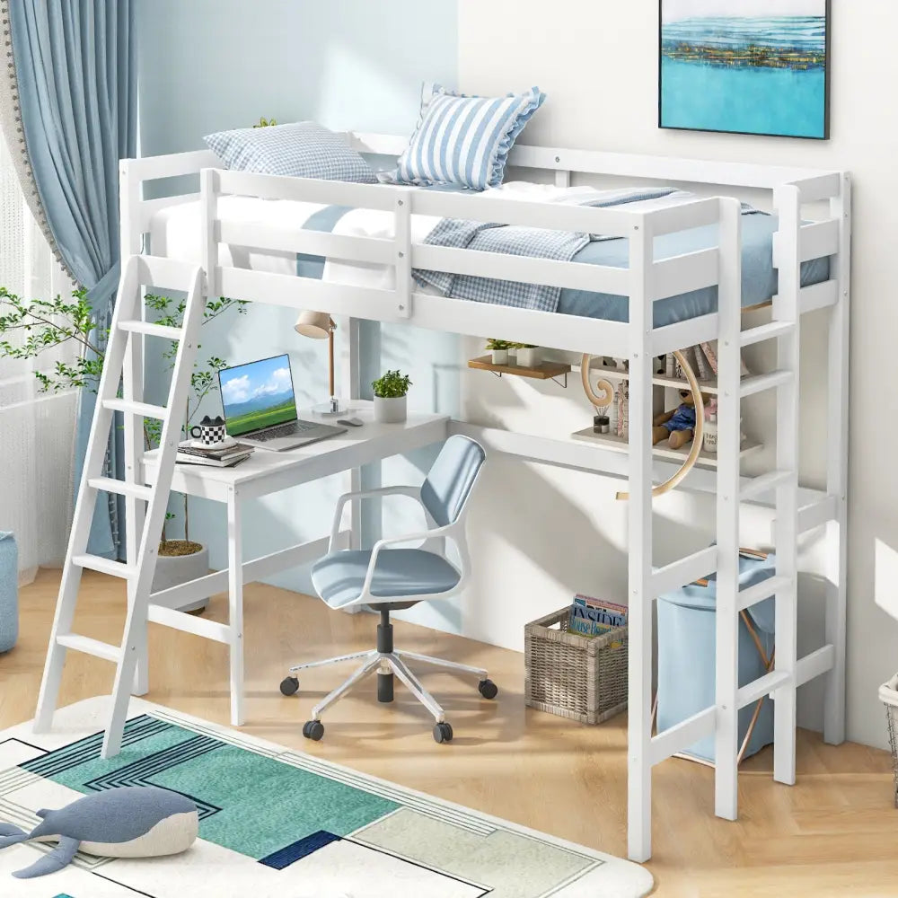 Twin Size Loft Bed Frame with Desk Angled and Built-in Ladder-White - White - Bunk Bed Frame
