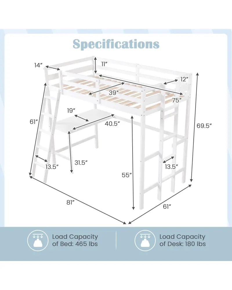 Twin Size Loft Bed Frame with Desk Angled and Built-in Ladder-White - White - Bunk Bed Frame