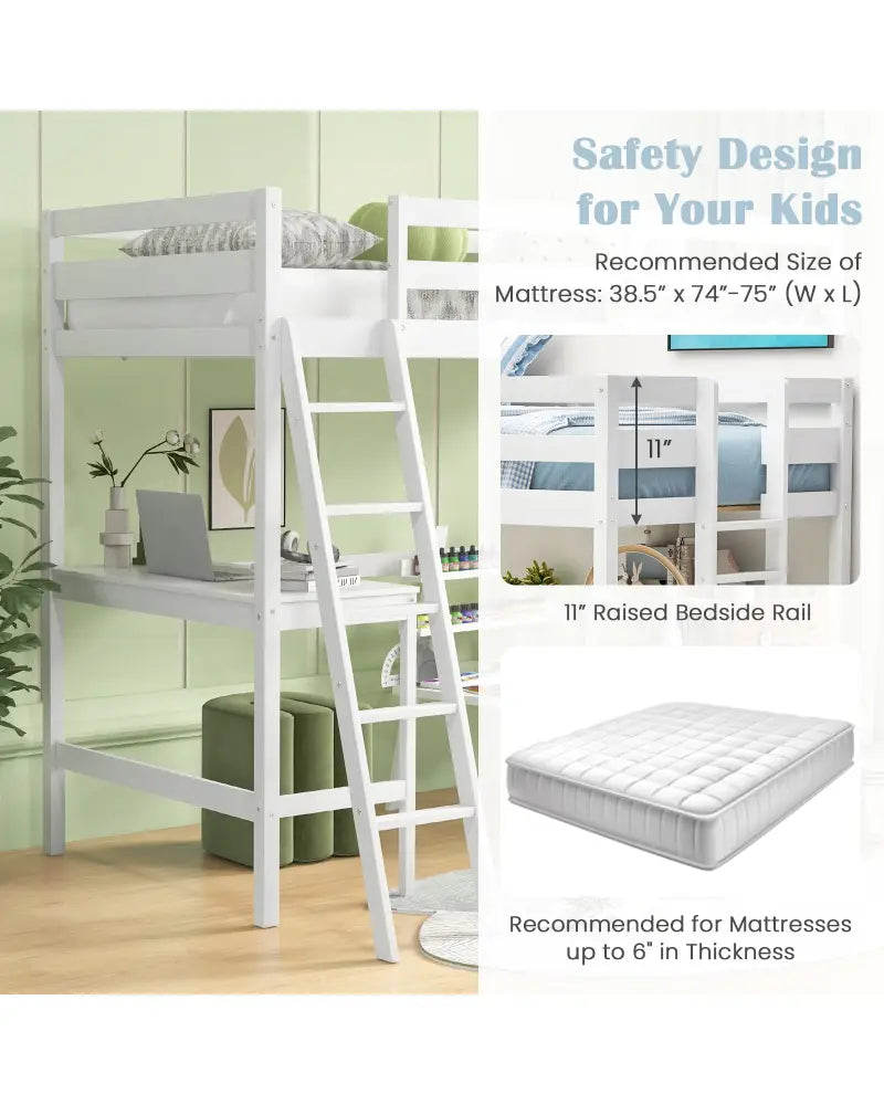 Twin Size Loft Bed Frame with Desk Angled and Built-in Ladder-White - White - Bunk Bed Frame