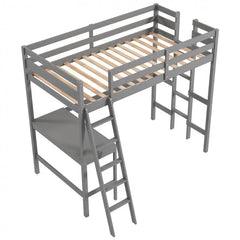 Twin Size Loft Bed Frame with Desk Angled and Builtin Ladder-Gray - Gray - Bunk Bed Frame