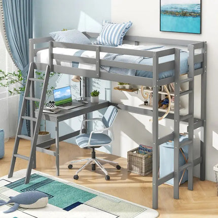 Twin Size Loft Bed Frame with Desk Angled and Builtin Ladder-Gray - Gray - Bunk Bed Frame
