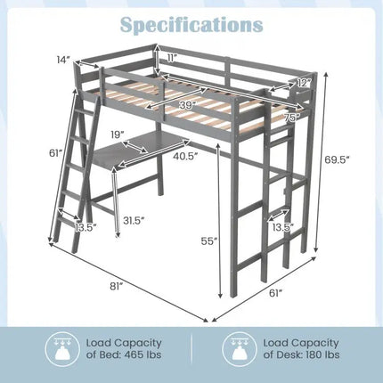 Twin Size Loft Bed Frame with Desk Angled and Builtin Ladder-Gray - Gray - Bunk Bed Frame