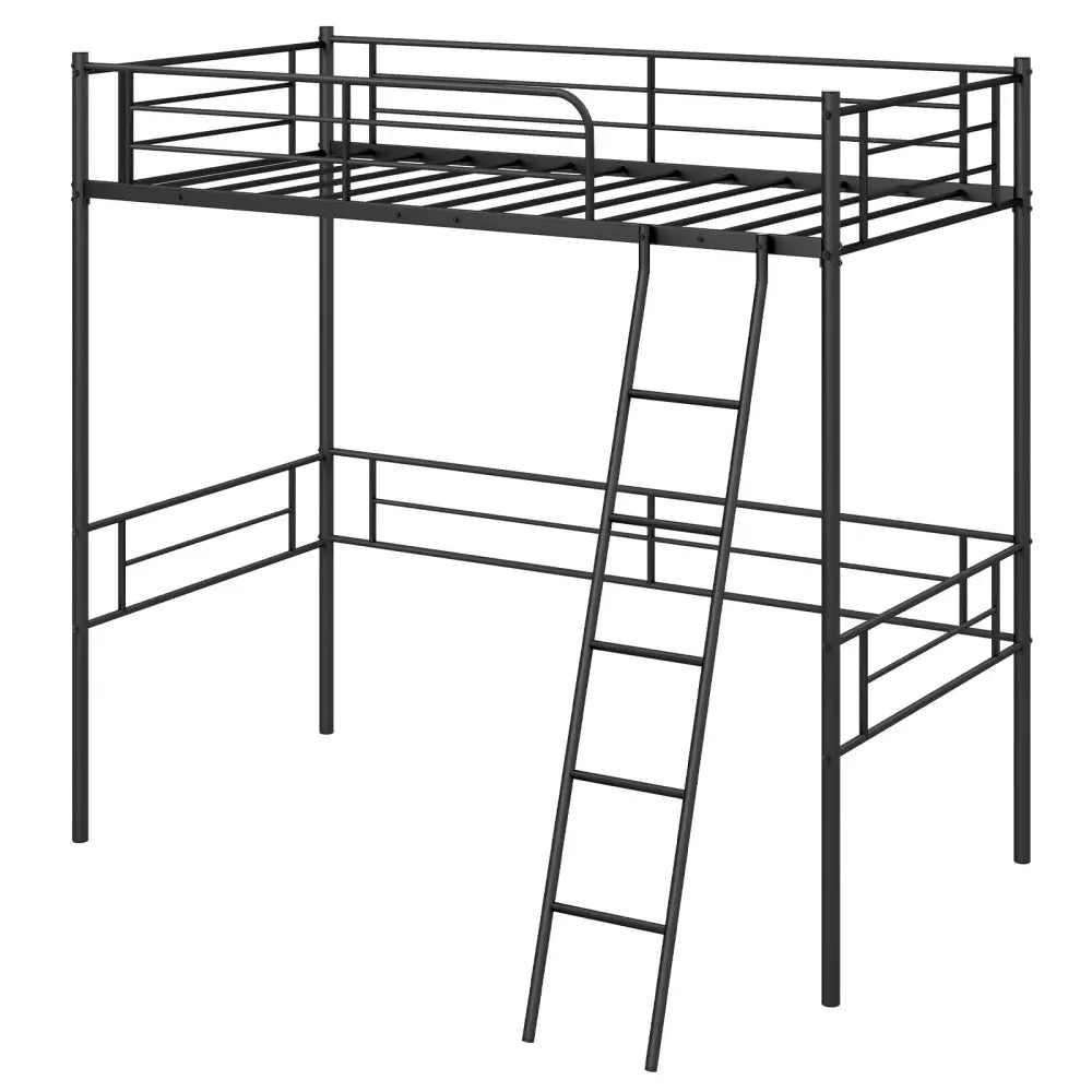 Twin Size Loft Bed Metal Bed Frame with Ladder and Guardrails-Black - Black - Bunk Bed Frame