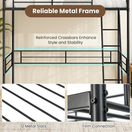 Twin Size Loft Bed Metal Bed Frame with Ladder and Guardrails-Black - Black - Bunk Bed Frame