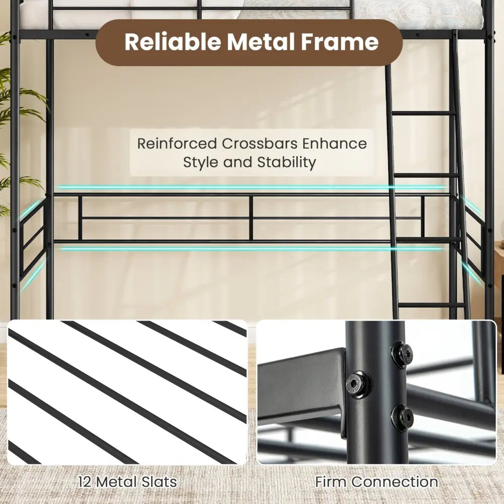 Twin Size Loft Bed Metal Bed Frame with Ladder and Guardrails-Black - Black - Bunk Bed Frame