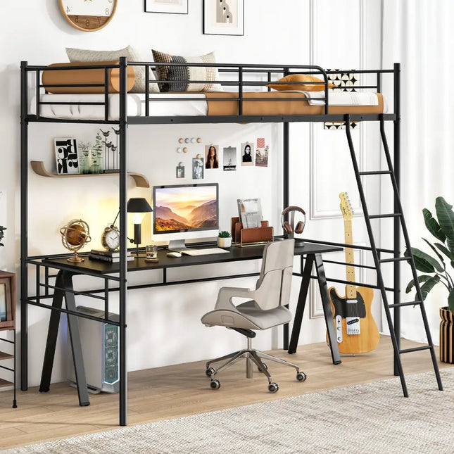 Twin Size Loft Bed Metal Bed Frame with Ladder and Guardrails-Black - Black - Bunk Bed Frame