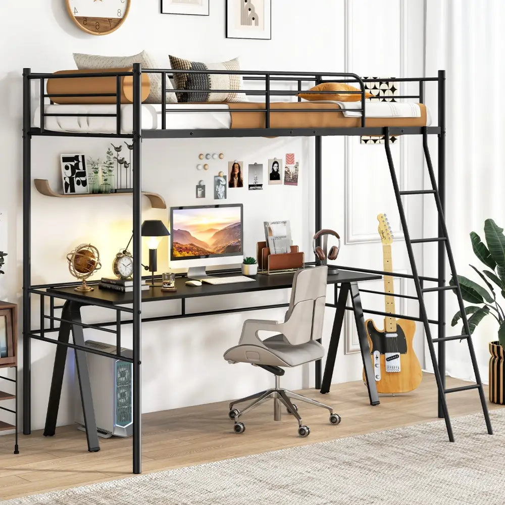 Twin Size Loft Bed Metal Bed Frame with Ladder and Guardrails-Black - Black - Bunk Bed Frame
