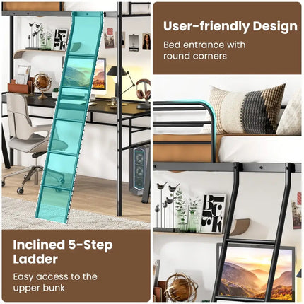 Twin Size Loft Bed Metal Bed Frame with Ladder and Guardrails-Black - Black - Bunk Bed Frame