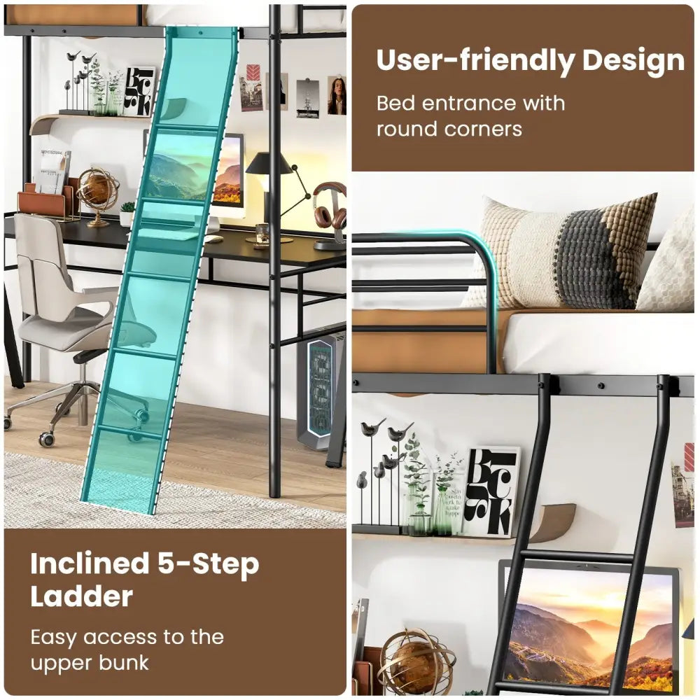 Twin Size Loft Bed Metal Bed Frame with Ladder and Guardrails-Black - Black - Bunk Bed Frame