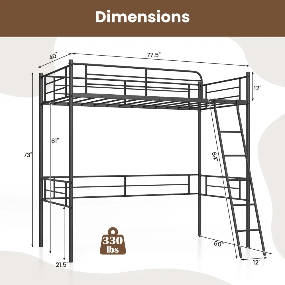Twin Size Loft Bed Metal Bed Frame with Ladder and Guardrails-Black - Black - Bunk Bed Frame