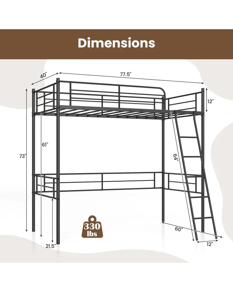 Twin Size Loft Bed Metal Bed Frame with Ladder and Guardrails-Black - Black - Bunk Bed Frame