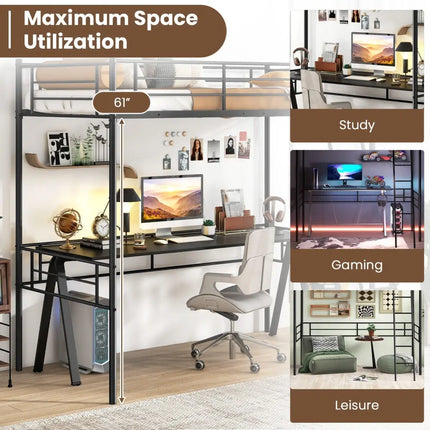 Twin Size Loft Bed Metal Bed Frame with Ladder and Guardrails-Black - Black - Bunk Bed Frame
