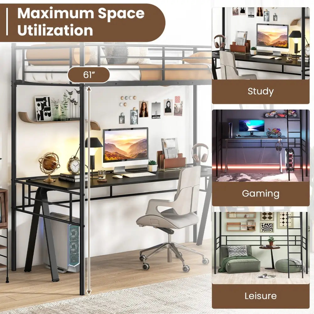 Twin Size Loft Bed Metal Bed Frame with Ladder and Guardrails-Black - Black - Bunk Bed Frame