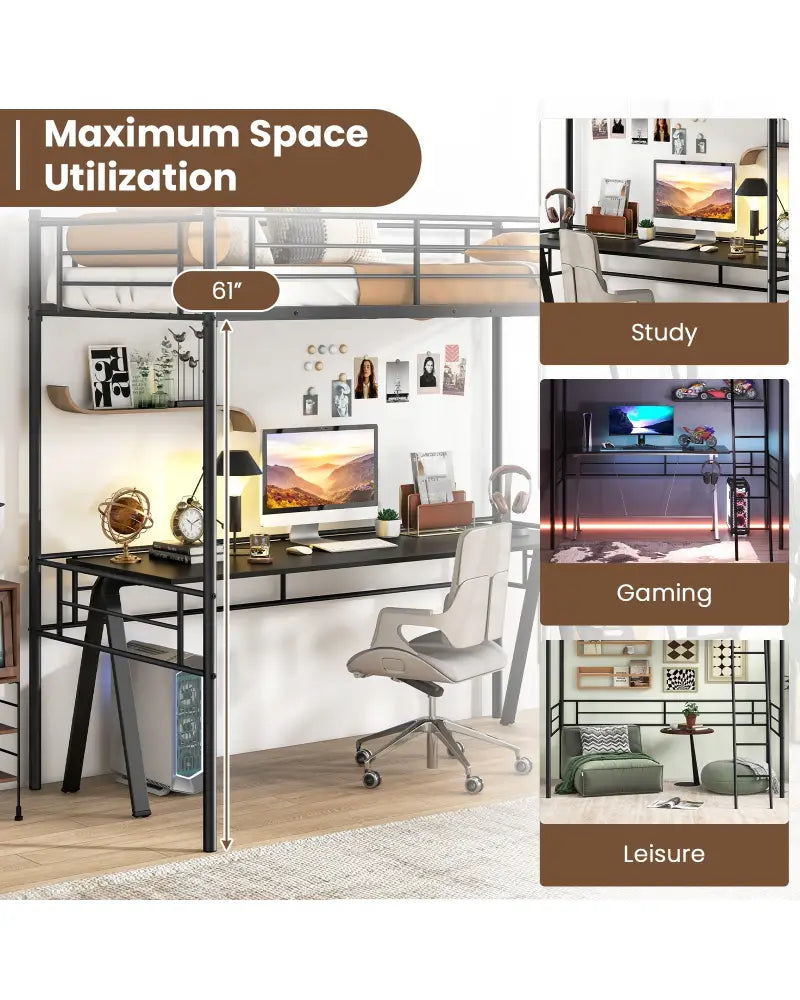 Twin Size Loft Bed Metal Bed Frame with Ladder and Guardrails-Black - Black - Bunk Bed Frame