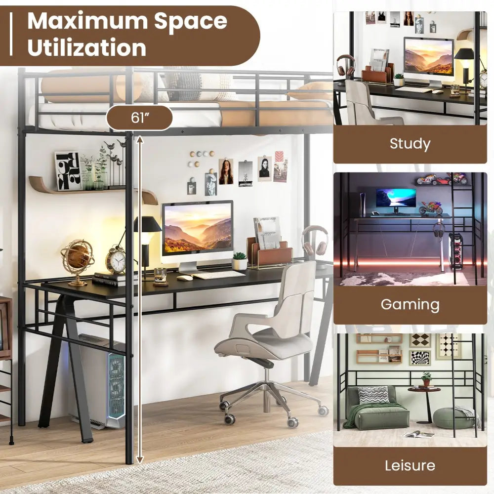 Twin Size Loft Bed Metal Bed Frame with Ladder and Guardrails-Black - Black - Bunk Bed Frame