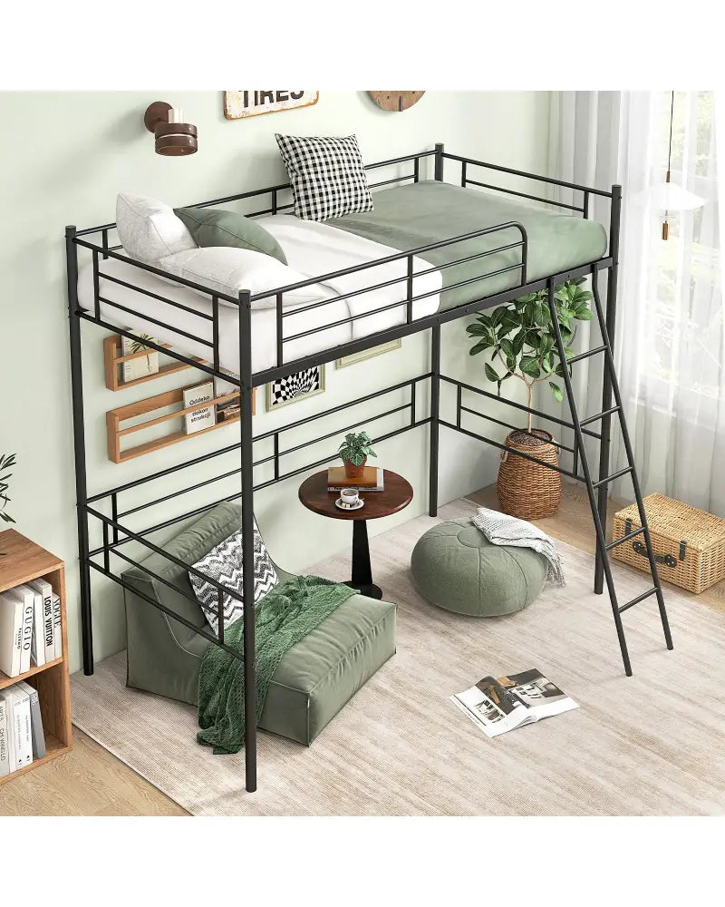 Twin Size Loft Bed Metal Bed Frame with Ladder and Guardrails-Black - Black - Bunk Bed Frame