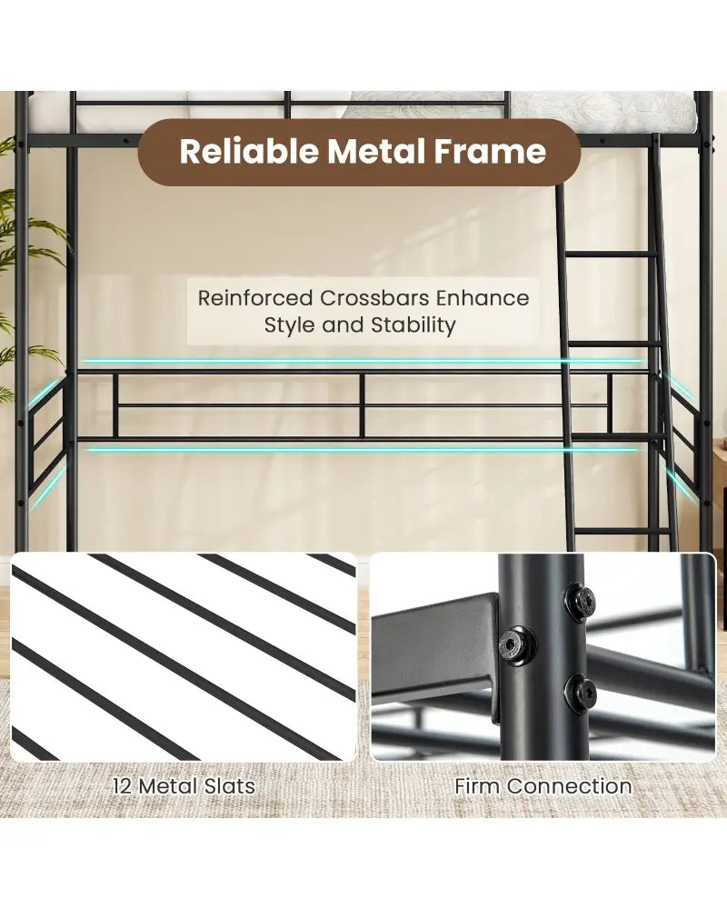 Twin Size Loft Bed Metal Bed Frame with Ladder and Guardrails-Black - Black - Bunk Bed Frame