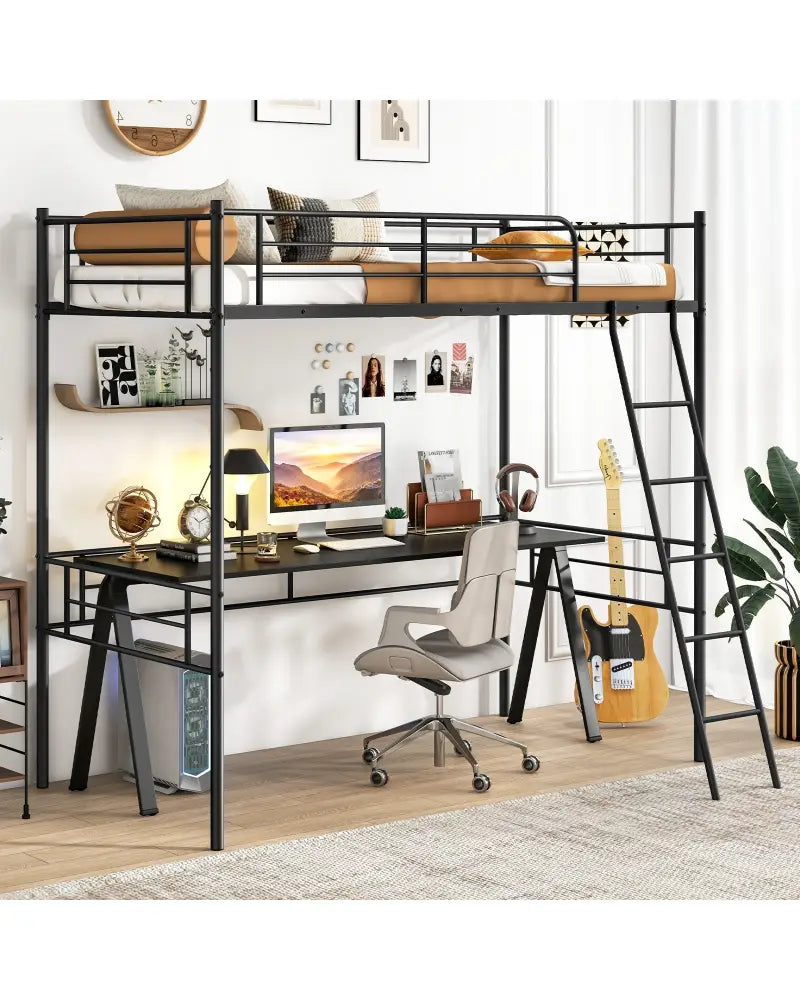 Twin Size Loft Bed Metal Bed Frame with Ladder and Guardrails-Black - Black - Bunk Bed Frame