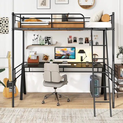 Twin Size Loft Bed Metal Bed Frame with Ladder and Guardrails-Black - Black - Bunk Bed Frame