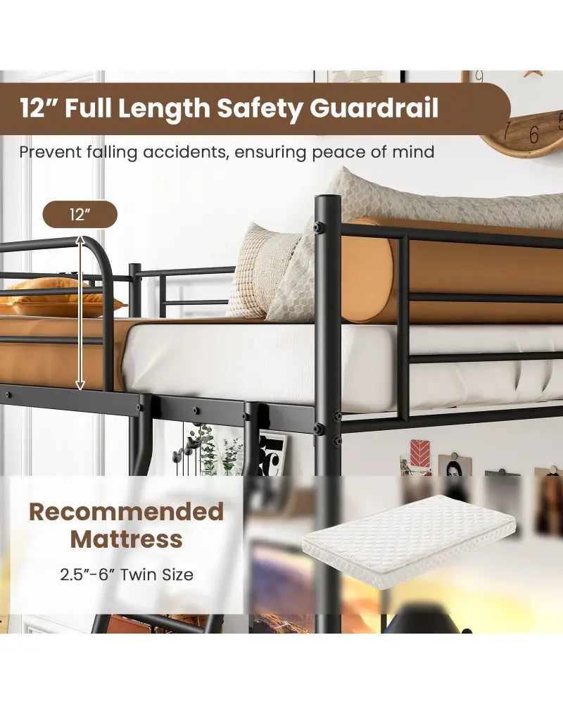 Twin Size Loft Bed Metal Bed Frame with Ladder and Guardrails-Black - Black - Bunk Bed Frame