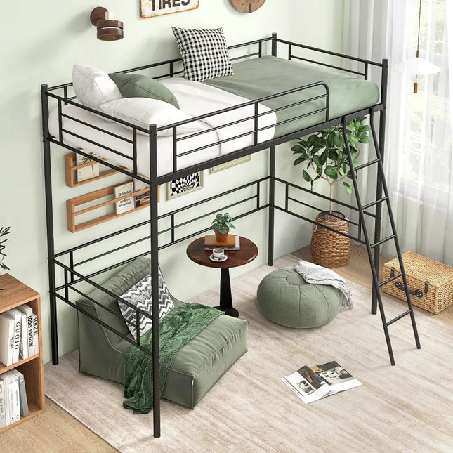 Twin Size Loft Bed Metal Bed Frame with Ladder and Guardrails-Black - Black - Bunk Bed Frame