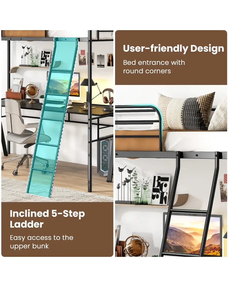 Twin Size Loft Bed Metal Bed Frame with Ladder and Guardrails-Black - Black - Bunk Bed Frame