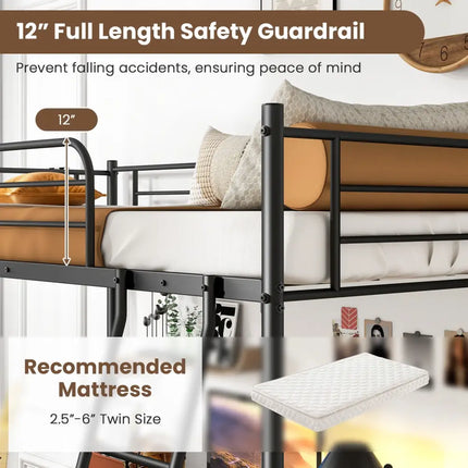 Twin Size Loft Bed Metal Bed Frame with Ladder and Guardrails-Black - Black - Bunk Bed Frame