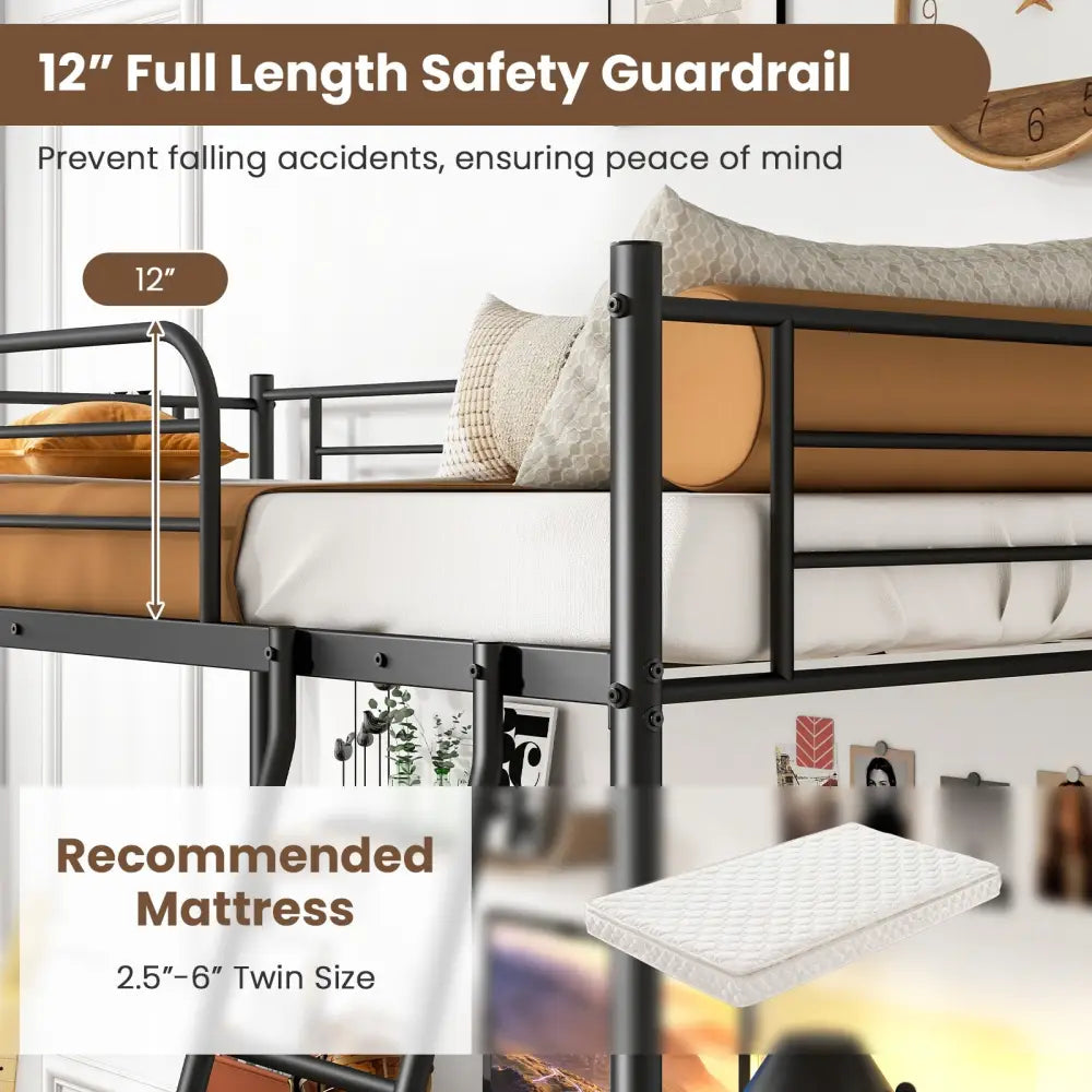 Twin Size Loft Bed Metal Bed Frame with Ladder and Guardrails-Black - Black - Bunk Bed Frame