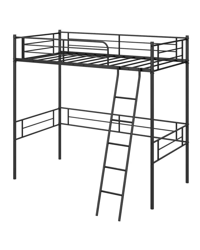 Twin Size Loft Bed Metal Bed Frame with Ladder and Guardrails-Black - Black - Bunk Bed Frame