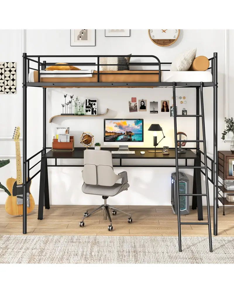 Twin Size Loft Bed Metal Bed Frame with Ladder and Guardrails-Black - Black - Bunk Bed Frame