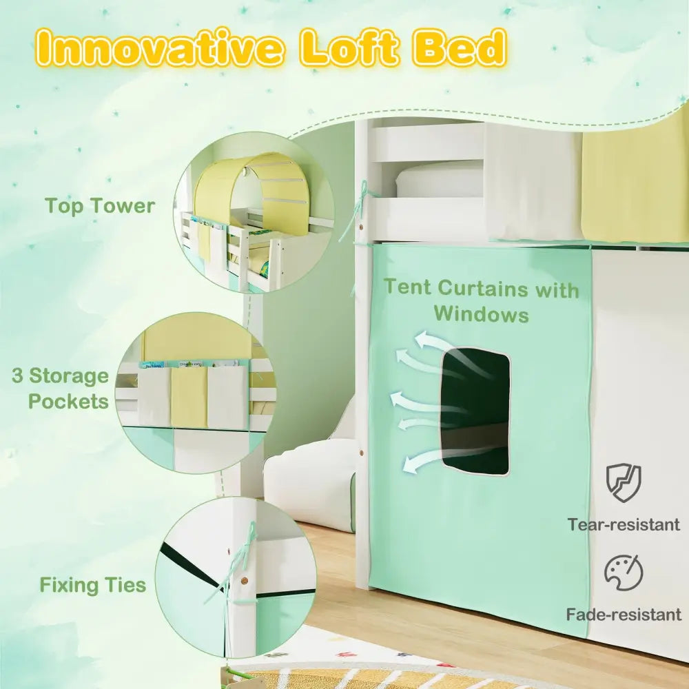 Twin Size Loft Bed Playhouse Bed Frame with Tower Tent and 3 Storage Pockets-Turquoise - Turquoise - Toddler Beds