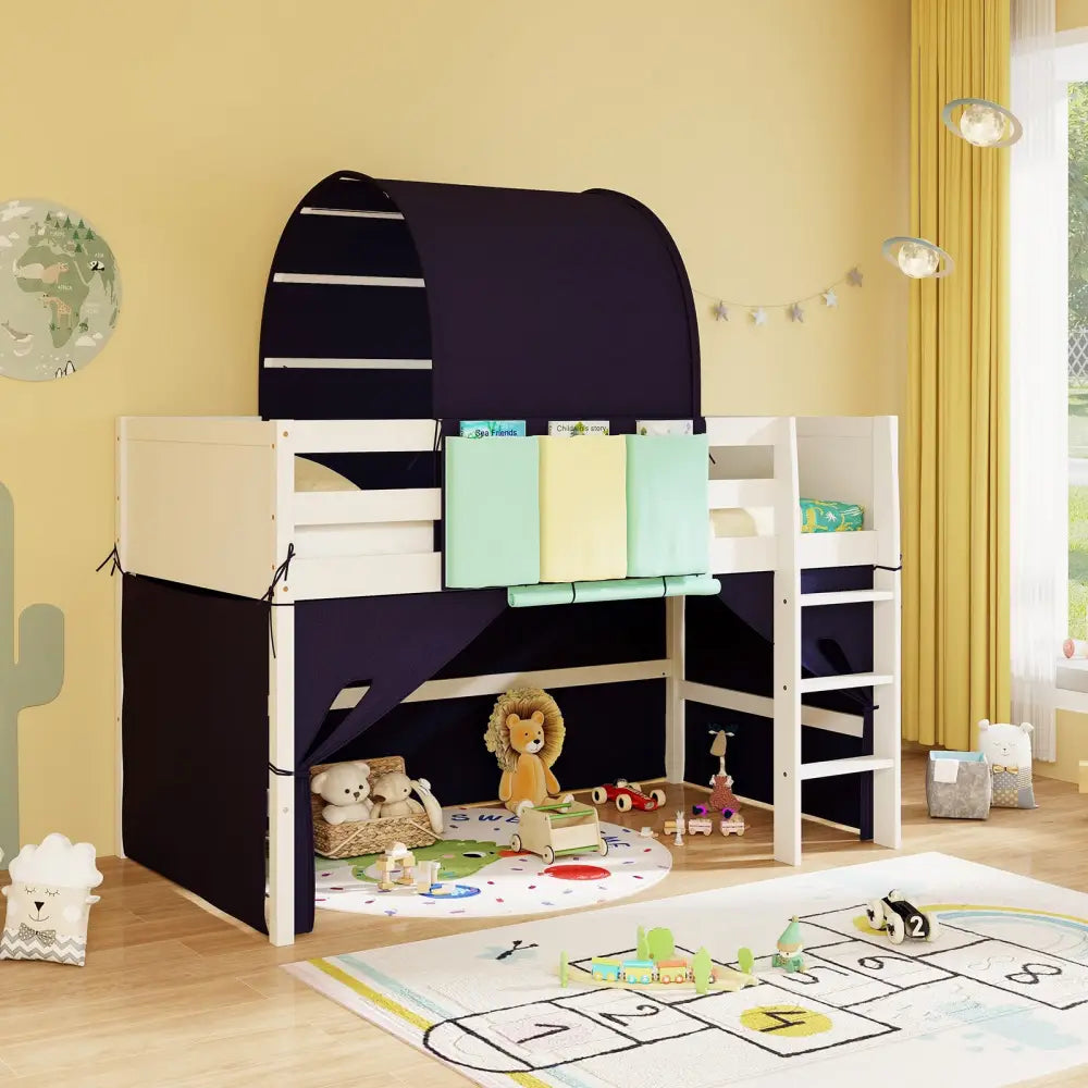 Twin Size Loft Bed Playhouse Bed Frame with Tower Tent and 3 Storage Pockets-Navy - Navy - Toddler Beds