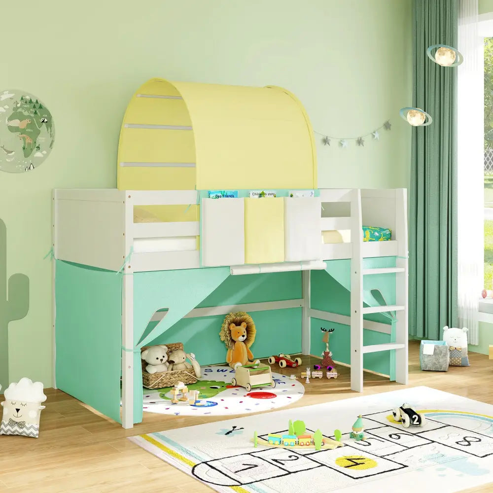 Twin Size Loft Bed Playhouse Bed Frame with Tower Tent and 3 Storage Pockets-Turquoise - Turquoise - Toddler Beds