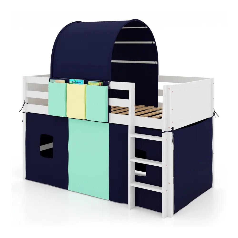 Twin Size Loft Bed Playhouse Bed Frame with Tower Tent and 3 Storage Pockets-Navy - Navy - Toddler Beds